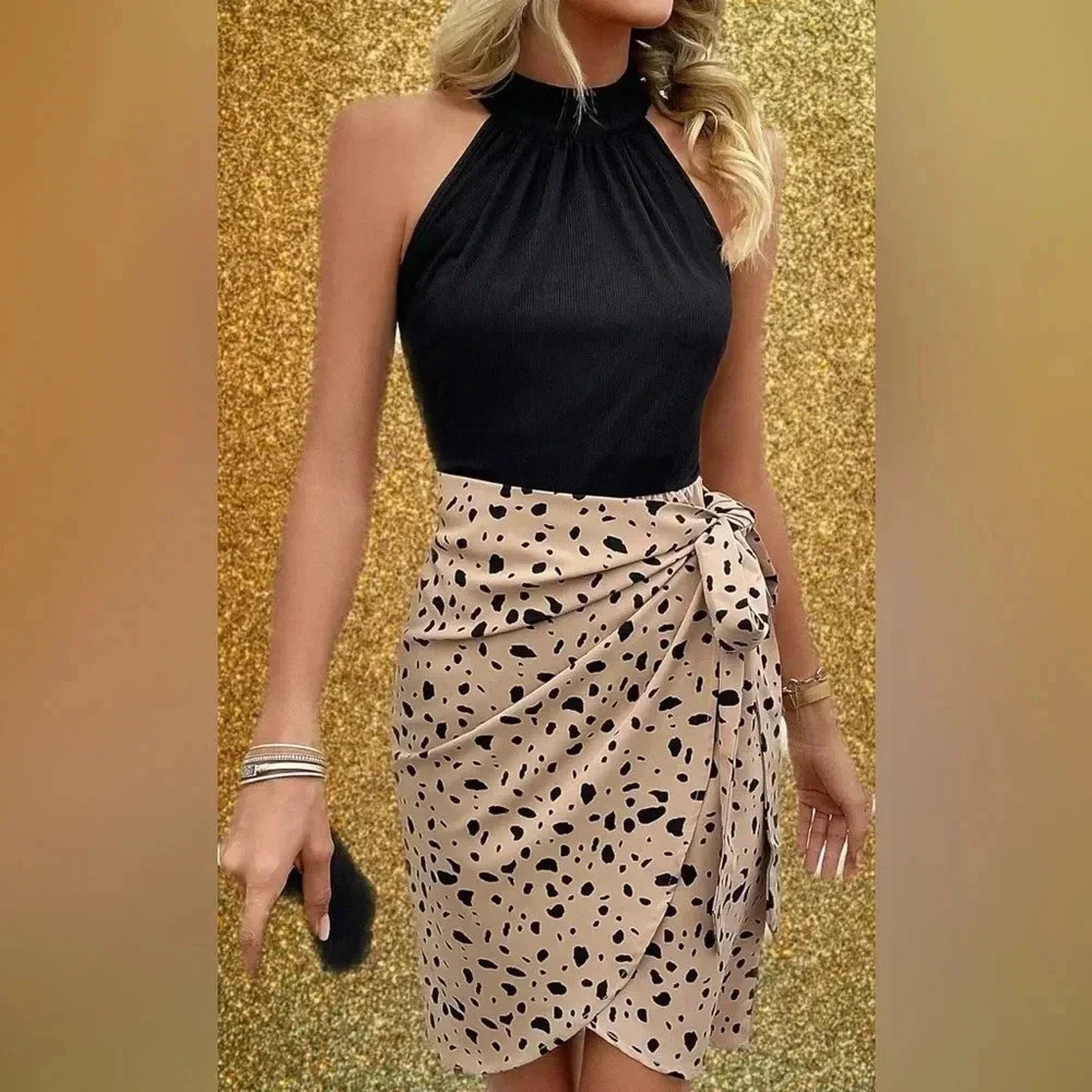 Women's Printed Wrap Tie Side Dress Halter Sleeveless Dress Used Once (0192)